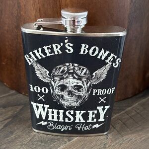 Bikers Bones Whiskey, stainless steel screw top flask - 8 ounce